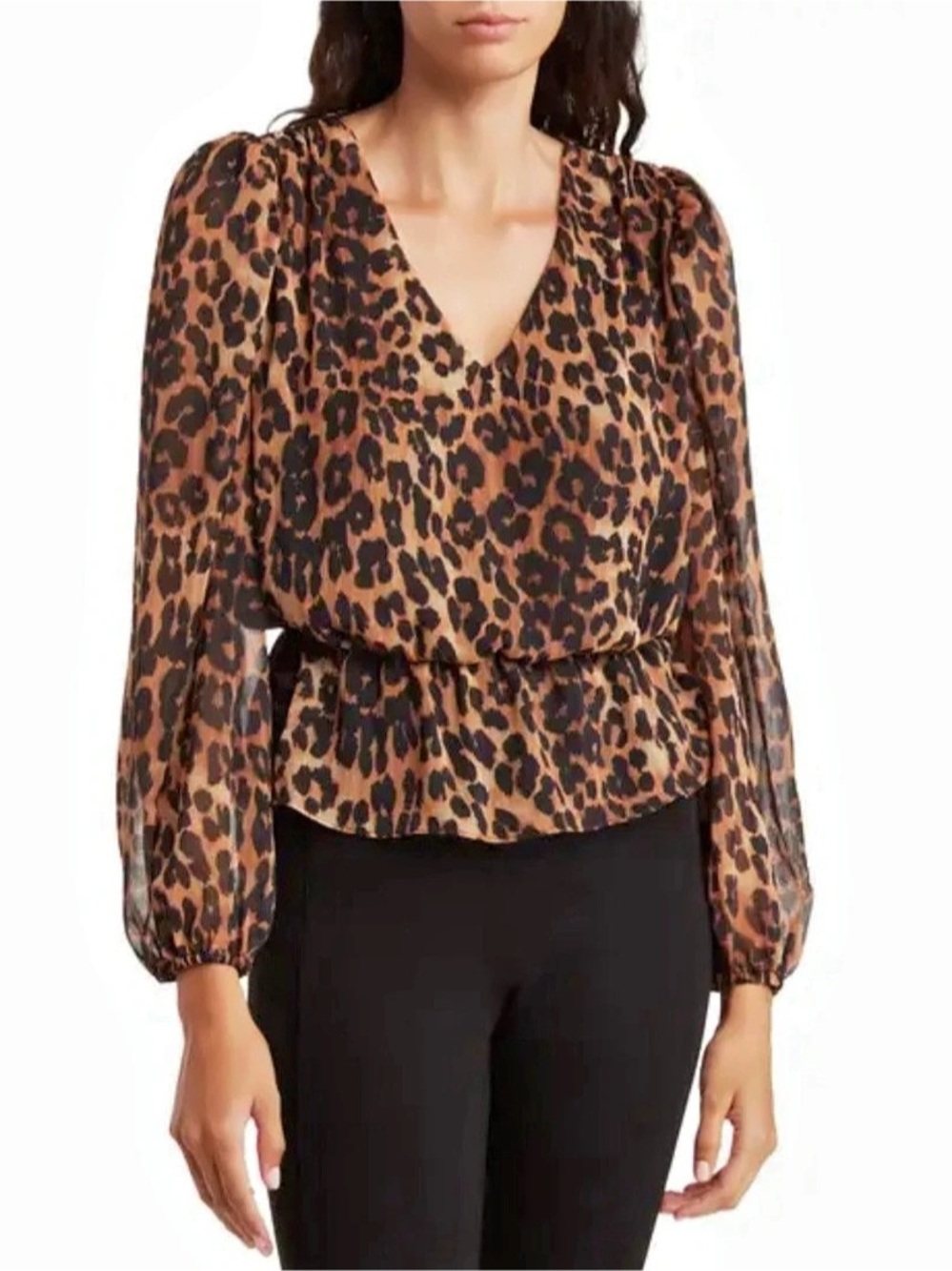 T Tahari V-neck Puff long Sleeve Blouse Leopard animal print XS
